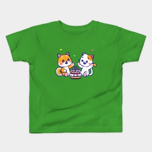 Cute Shiba Inu Dog And Cat With Birthday Cake Cartoon Kids T-Shirt